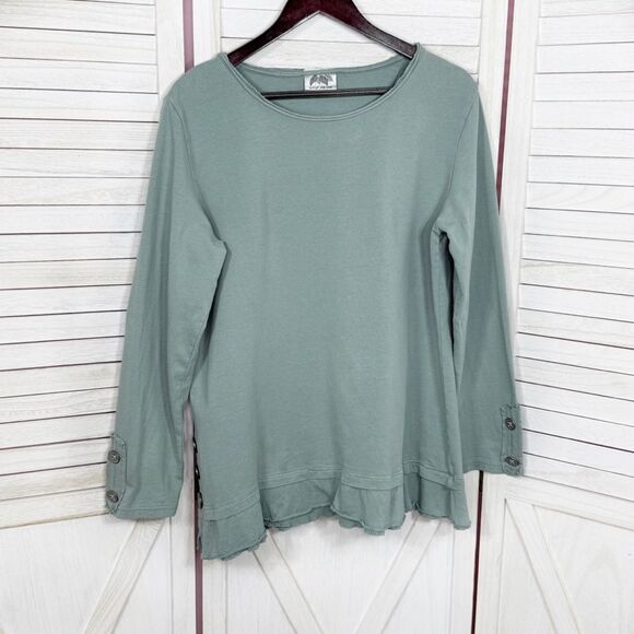 Wild Palms Ruffled Layered Hem Buttons Tunic Top Sage Green Large Cottagecore - Picture 7 of 12